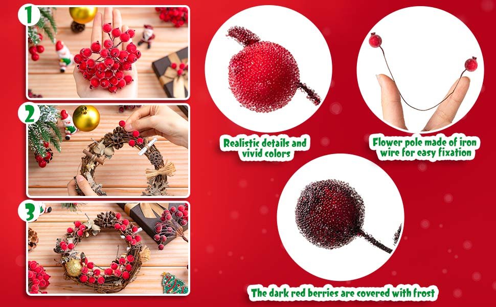 Christmas holly berry stems and wreath crafting demonstration with close-ups of berries and wire stems.