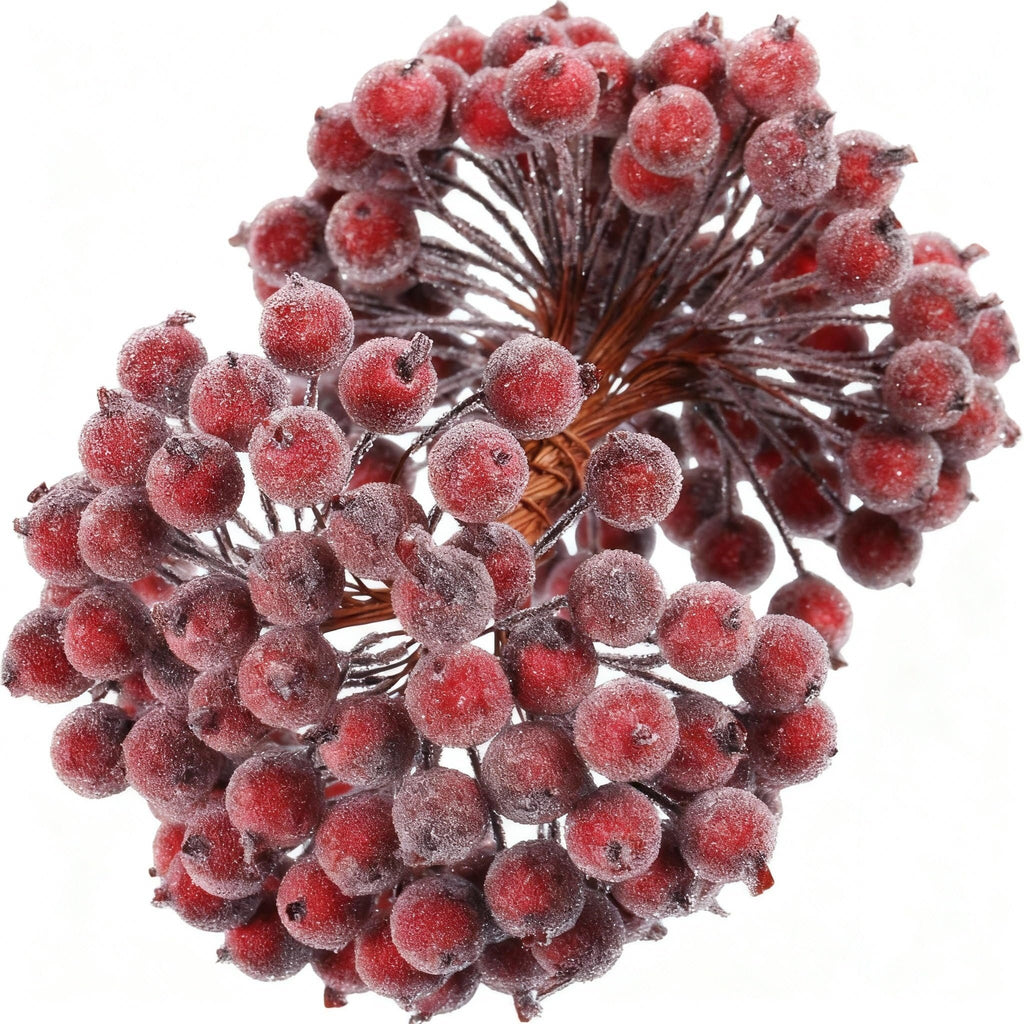 Frosted artificial holly berry stems with dark red berries on flexible wire, close-up view