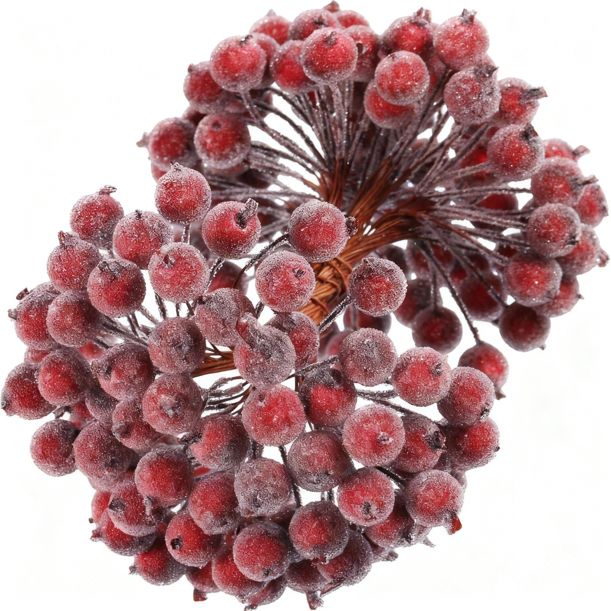 Frosted artificial holly berry stems with dark red berries on flexible wire, close-up view