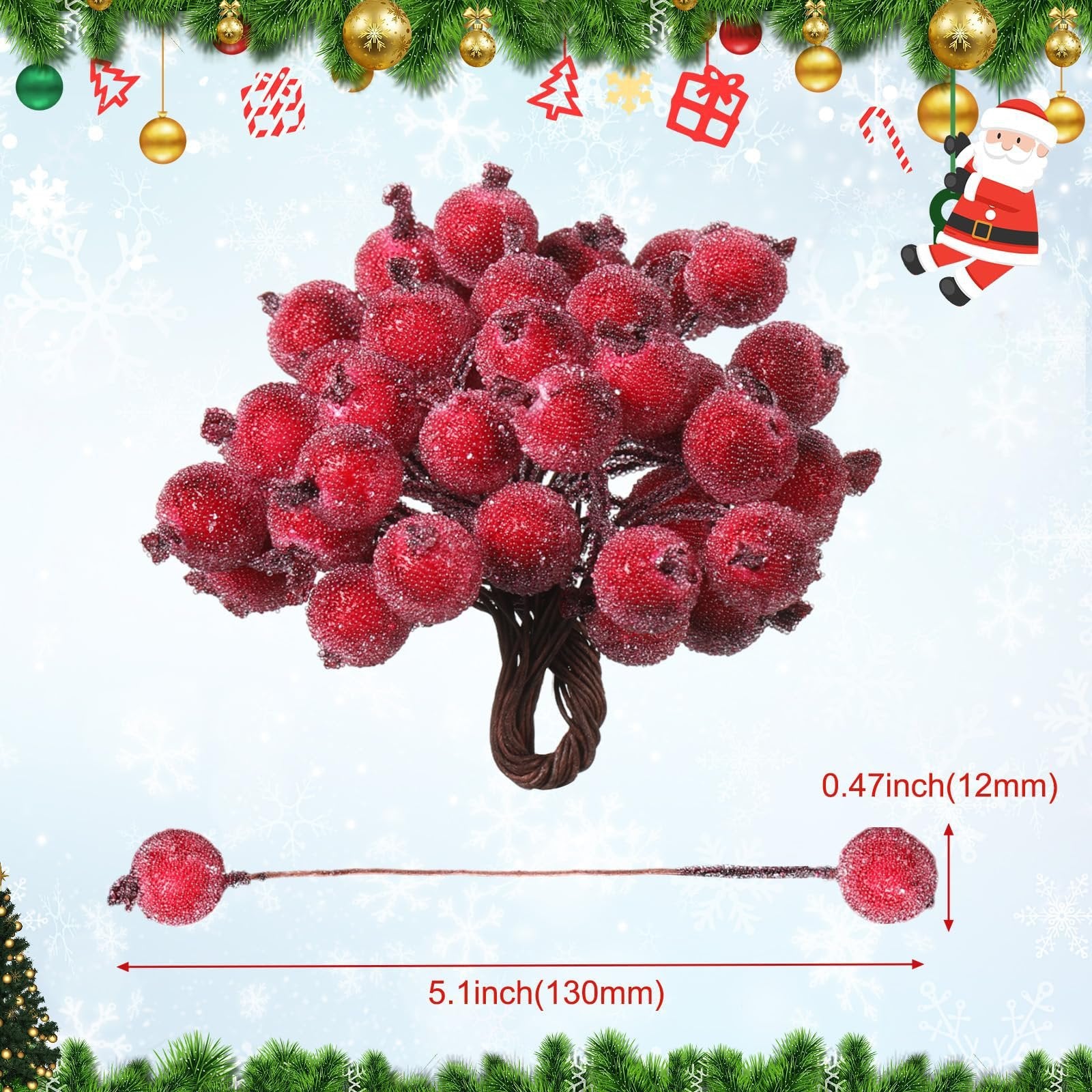 Frosted artificial holly berry stems with dimensions shown, set against a wintery background with Christmas decorations.