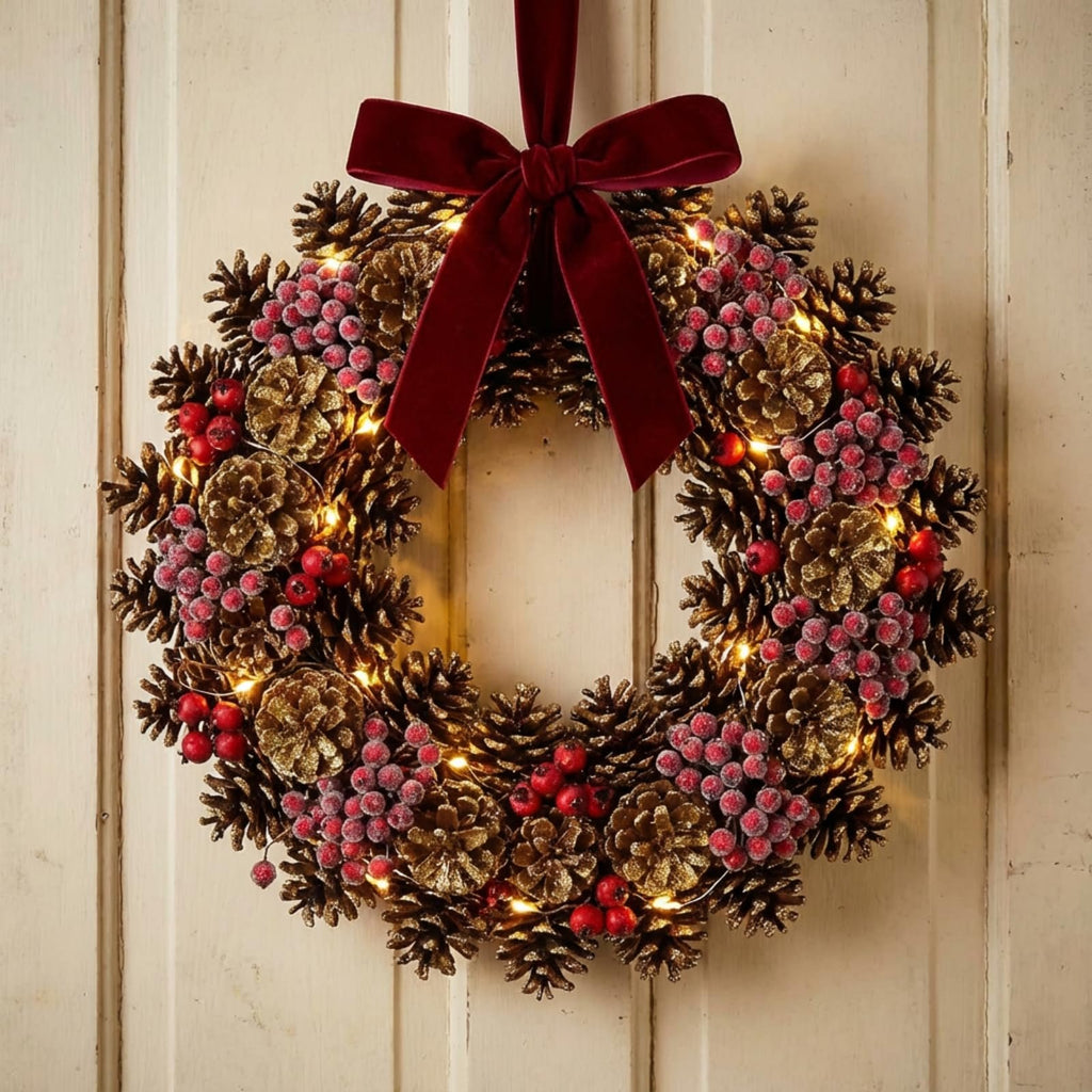 Christmas wreath with pinecones, frosted red berries, and warm LED lights, adorned with a velvet bow, hanging on a white wooden door.