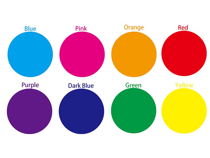 Eight colored circles labeled Blue, Pink, Orange, Red, Purple, Dark Blue, Green, and Yellow.