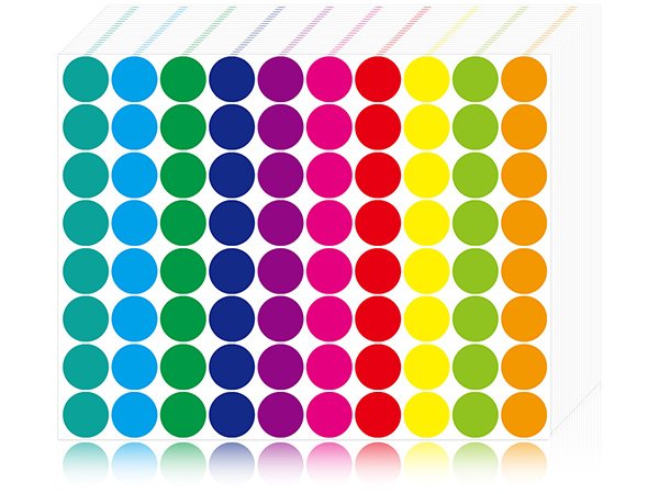 Stack of 3/4 inch round color coding dot stickers in 8 colors, shown from an angle with reflections below.