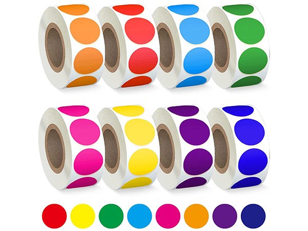 Eight rolls of 3/4 inch color coding dot stickers in 8 colors, with individual color dots shown below
