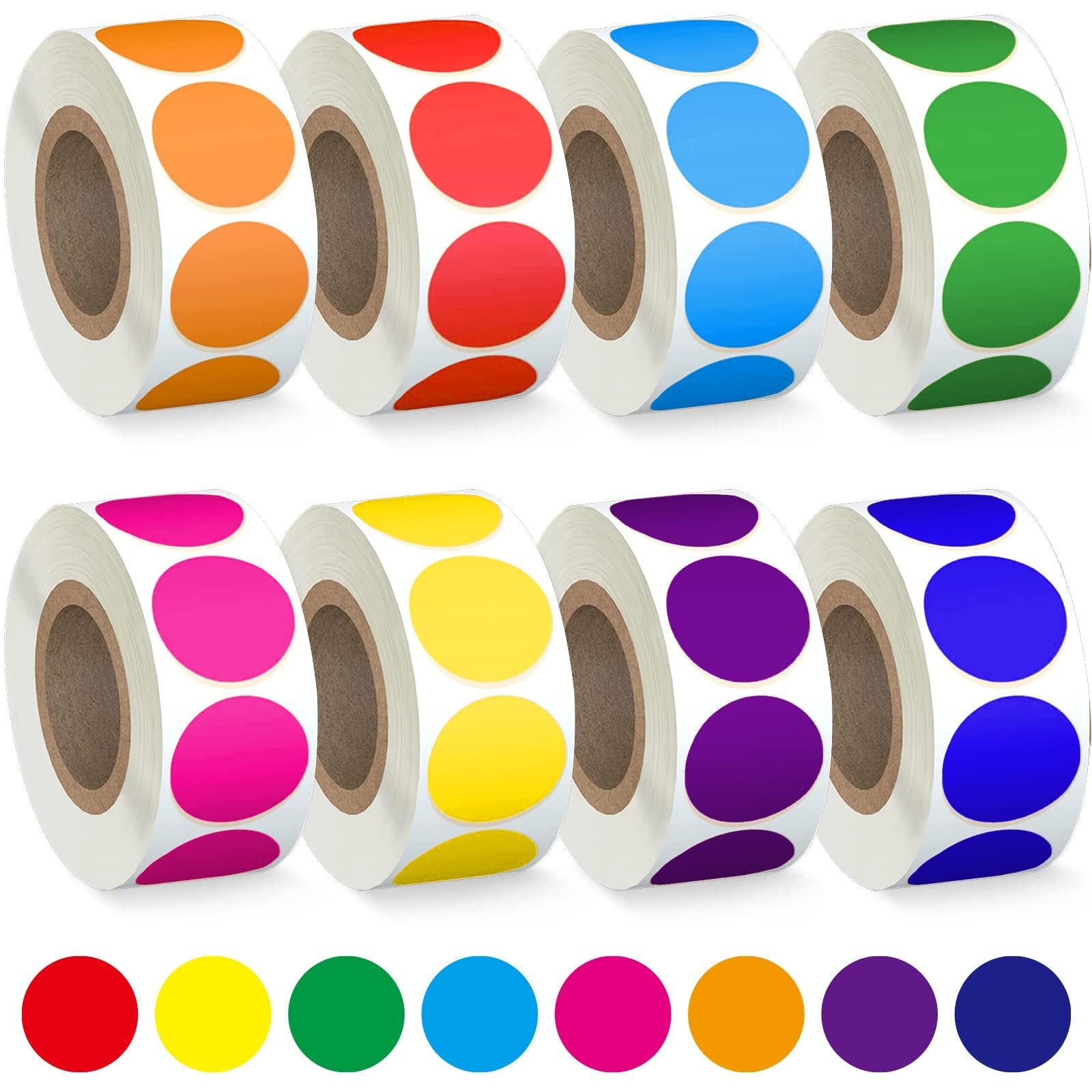 Eight rolls of 3/4 inch color coding dot stickers in orange, red, blue, green, pink, yellow, purple, and dark blue, with a row of individual colored dots below.
