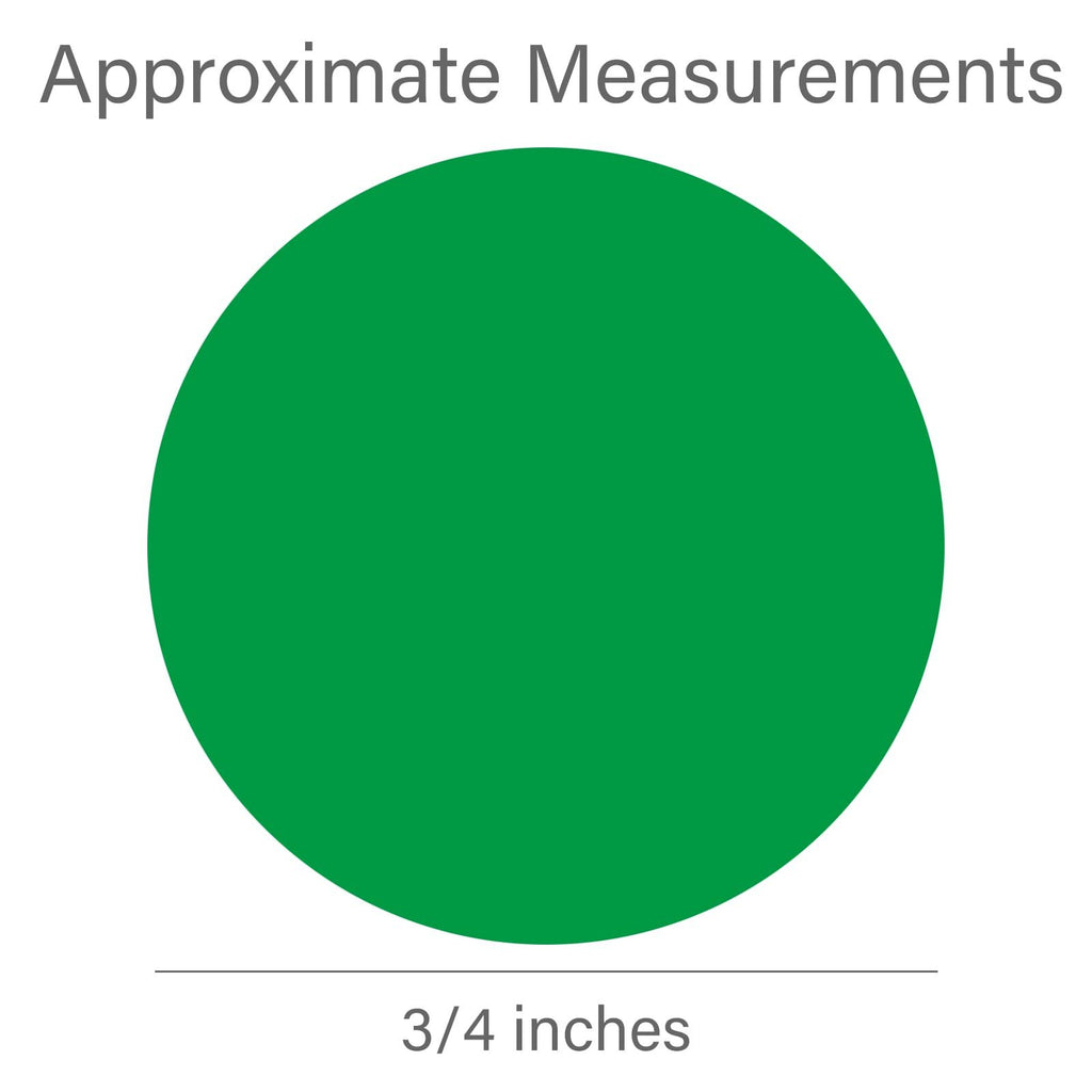 Green 3/4 inch round color coding dot sticker with approximate measurements text