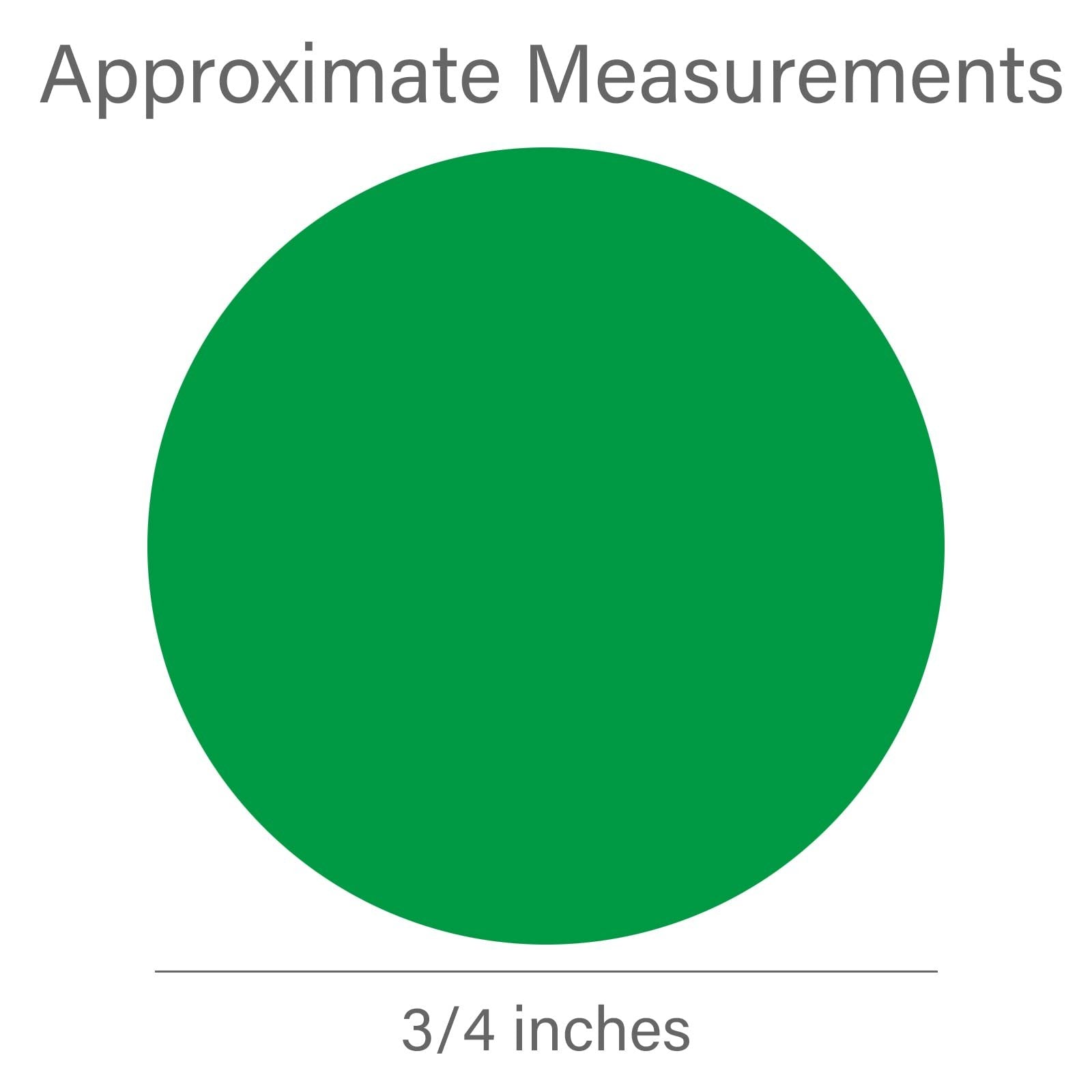 Green 3/4 inch round color coding dot sticker with approximate measurements text