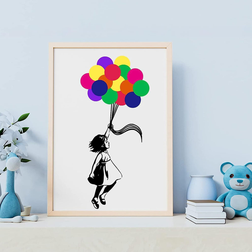 Framed artwork of a girl holding a bunch of colorful balloons, set on a shelf with toys and books.