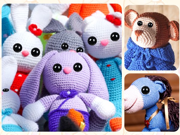 Crocheted stuffed animals including bunnies, a monkey, and a horse, all with black safety eyes.