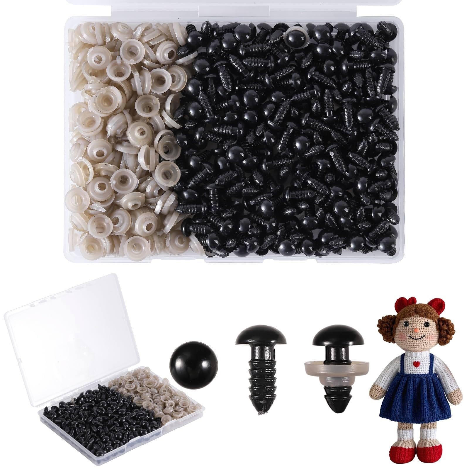 Set of black plastic safety eyes and washers for crafting, shown in a divided container and with a crochet doll.