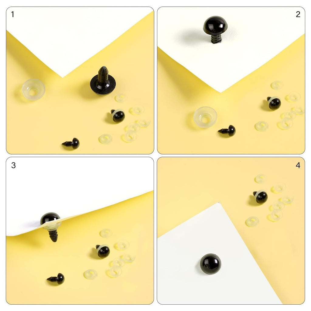 Four panels showing steps to attach plastic safety eyes with washers to craft projects.