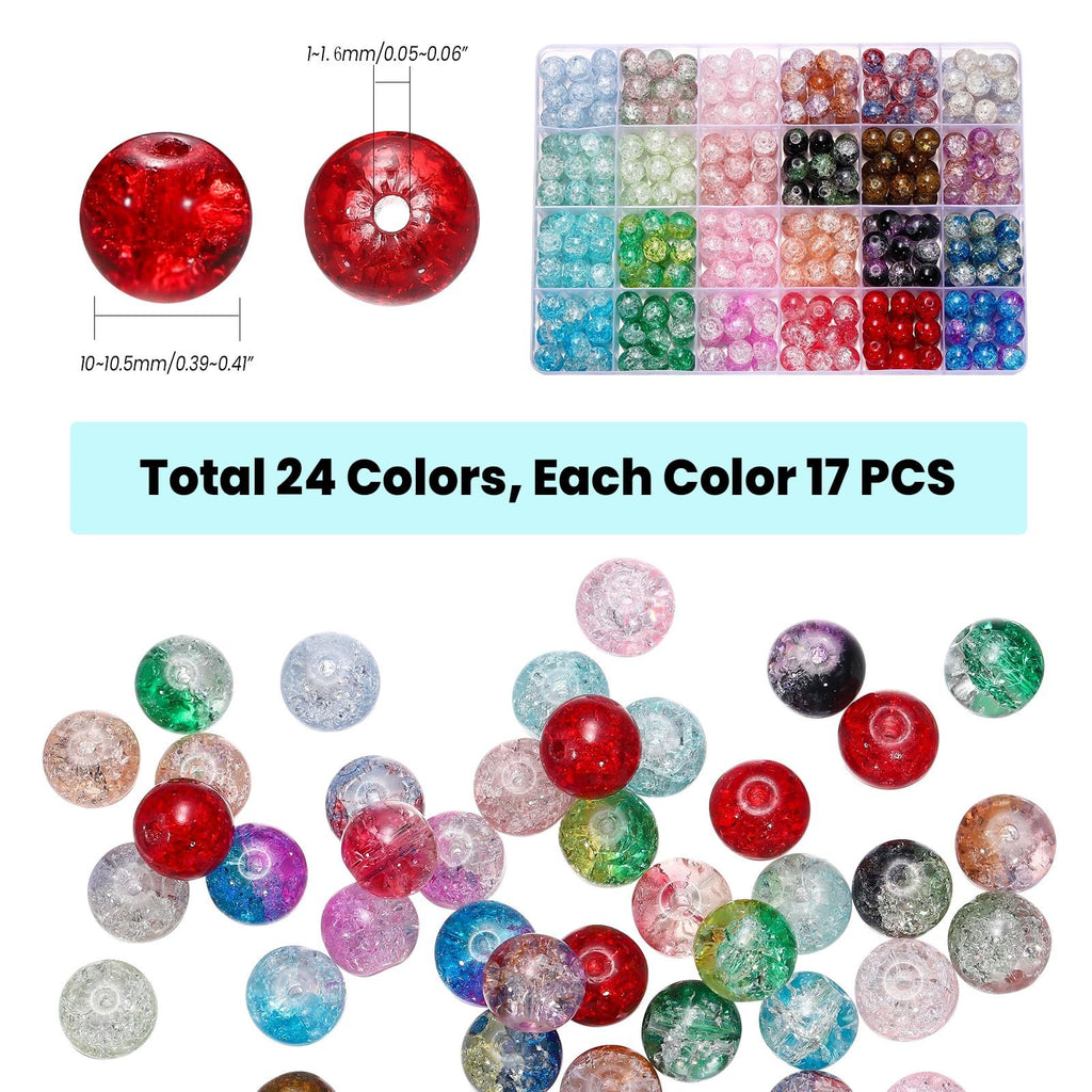 Assortment of 10mm crackle glass beads in various colors, shown in a compartment tray and scattered.