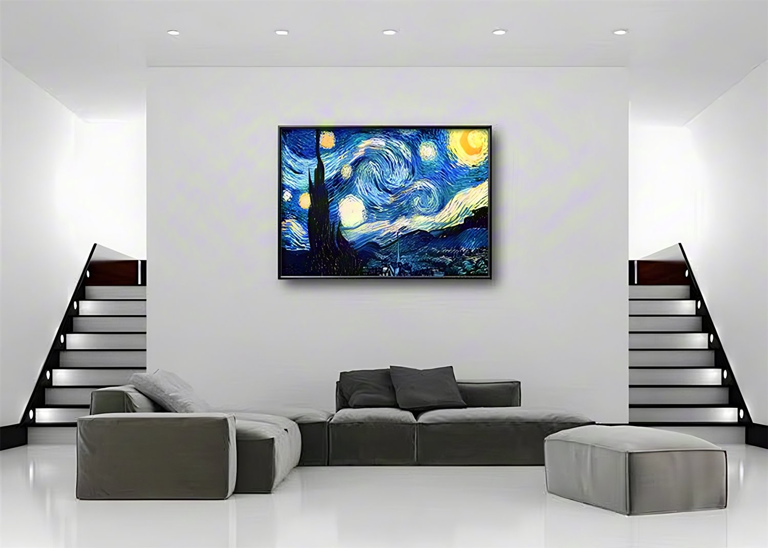 Modern living room with a large abstract painting of a starry night sky above a sectional sofa.