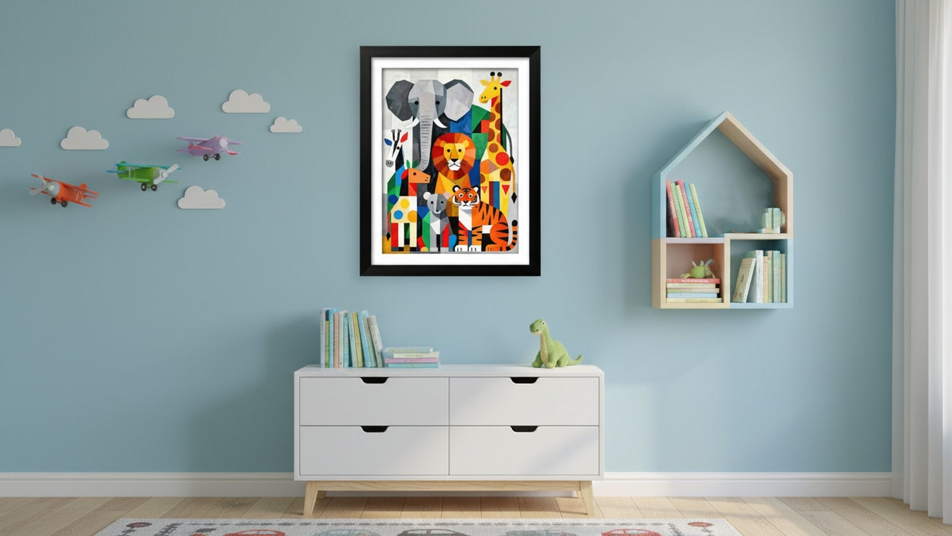Framed abstract art print of various animals including an elephant, lion, tiger, giraffe, and dog, displayed in a child's room.