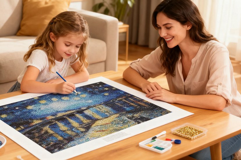 Mother and daughter doing a diamond painting kit of water lilies at a table