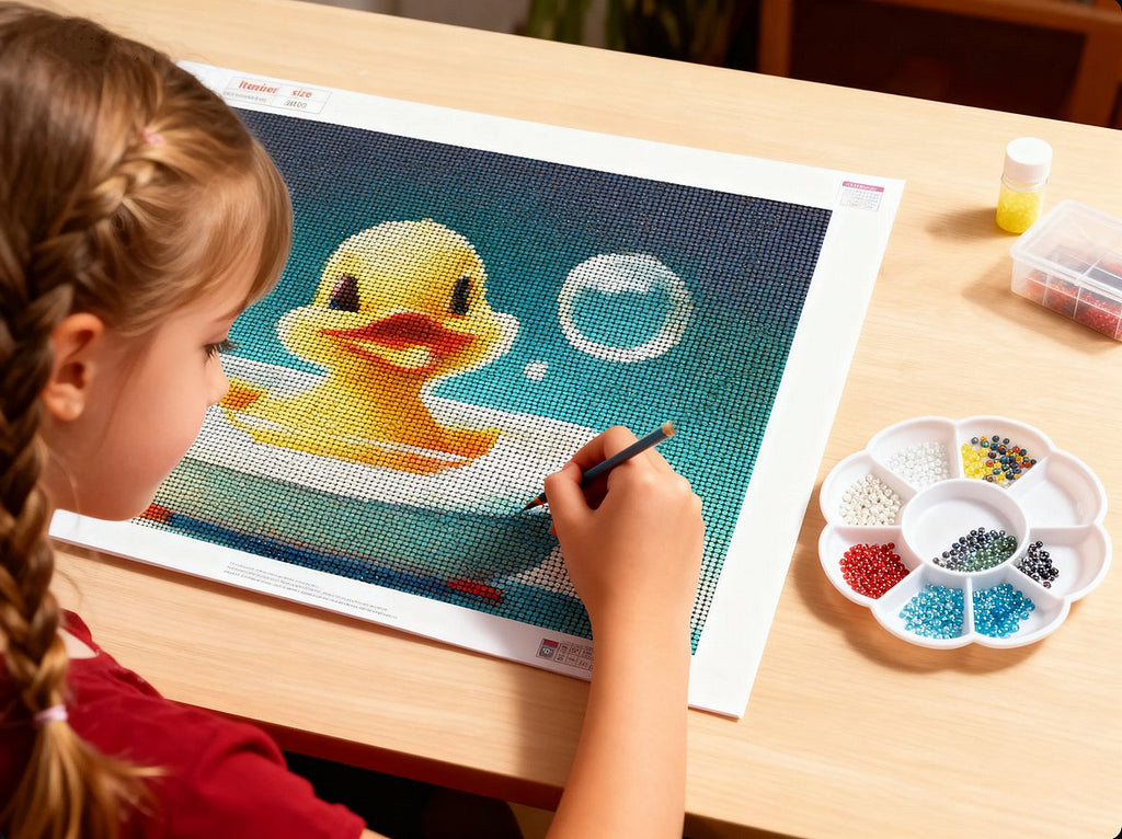 Young girl doing a diamond painting kit of a yellow duck in a bathtub, with a tray of colorful diamonds nearby.