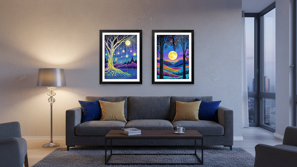Two framed fantasy landscape diamond paintings hanging above a sofa in a modern living room.