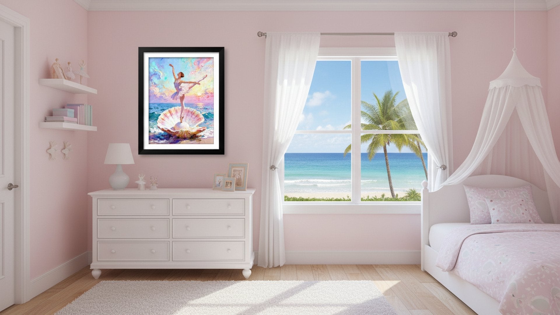 Bedroom with a framed painting of a ballerina on a seashell by the ocean, a dresser, and a bed.