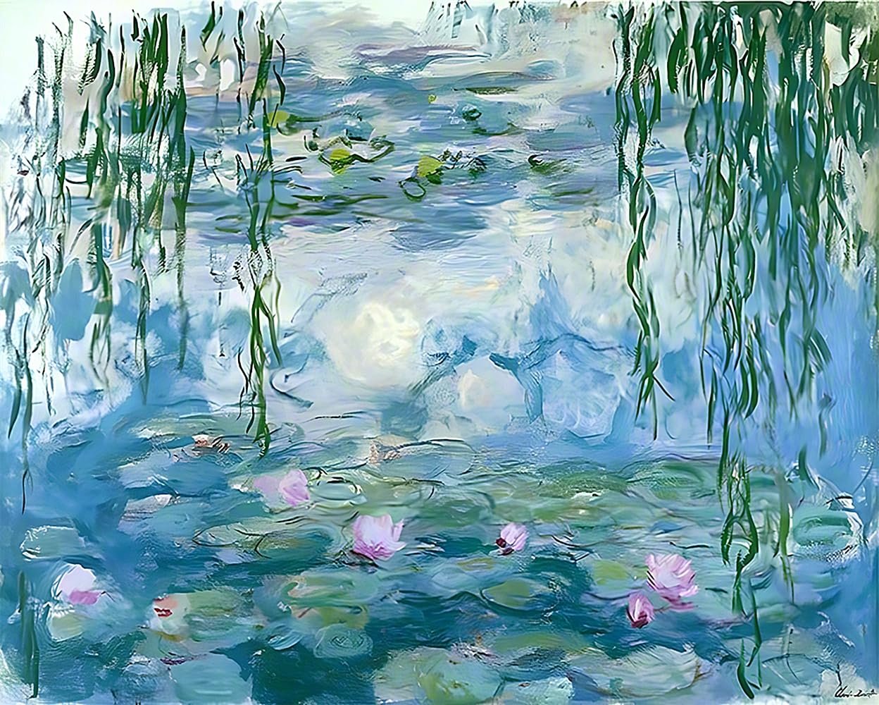 Impressionist painting of water lilies and weeping willow branches reflected in water