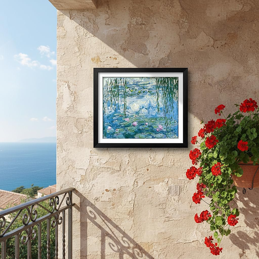 Framed water lilies diamond painting artwork hanging on a textured wall on a balcony overlooking the ocean.