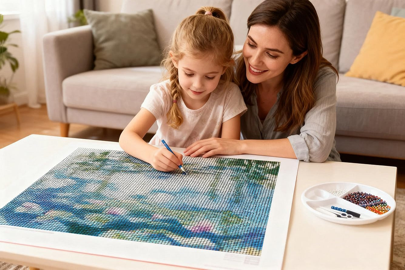Mother and daughter doing a water lilies diamond painting kit at a table, with supplies in a tray.