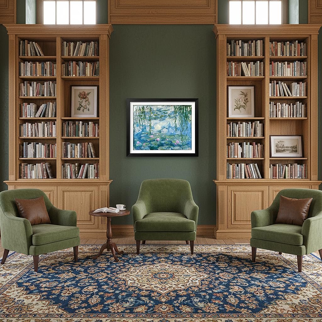 Living room with bookshelves, armchairs, and a framed water lilies painting on the wall.