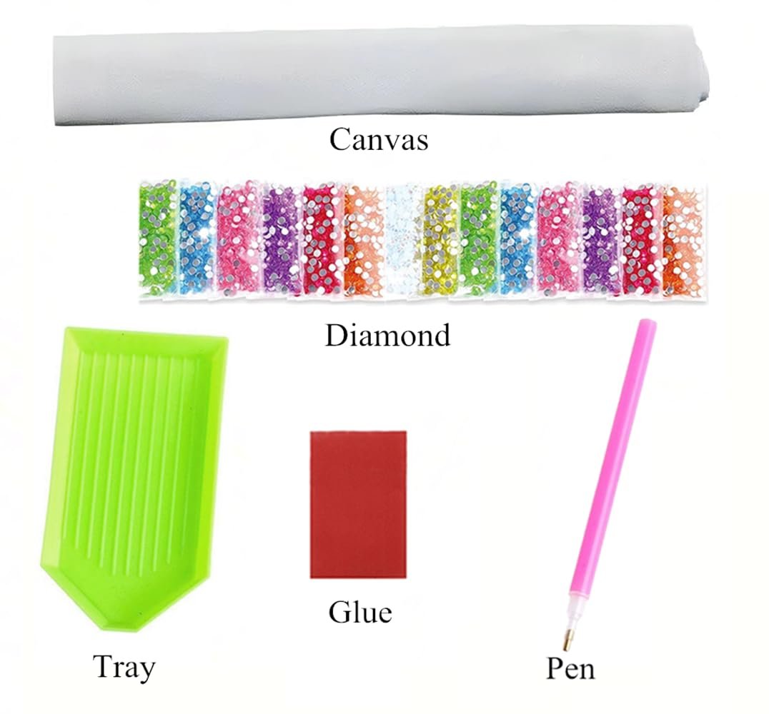 Diamond painting kit contents including a rolled canvas, colorful diamonds, green tray, red glue square, and pink pen.
