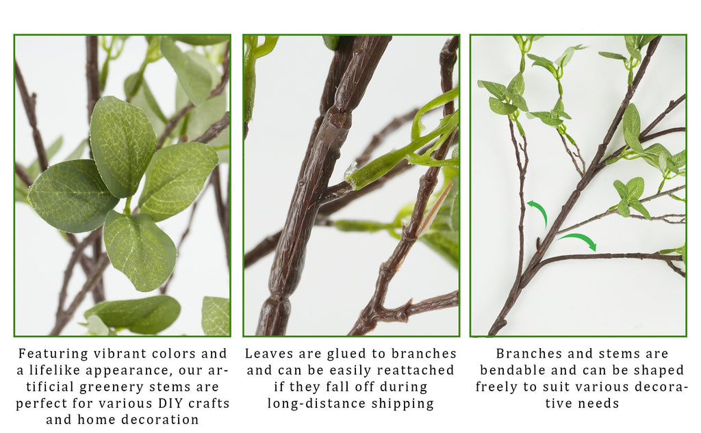Close-up views of artificial ficus greenery stems showing leaves, branch texture, and bendable stems with decorative green arrows.