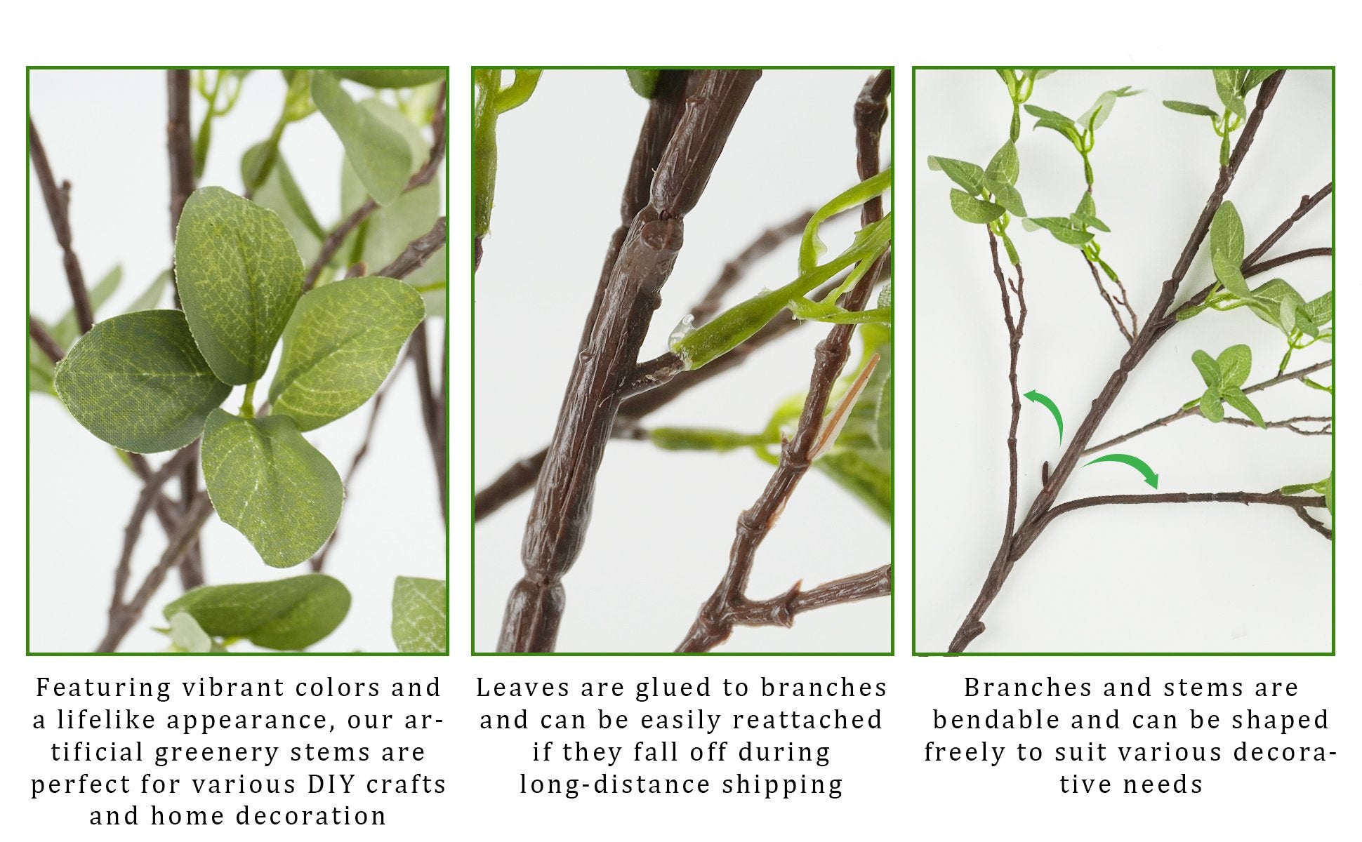 Close-up views of artificial ficus greenery stems showing leaves, branch texture, and bendable stems with decorative green arrows.