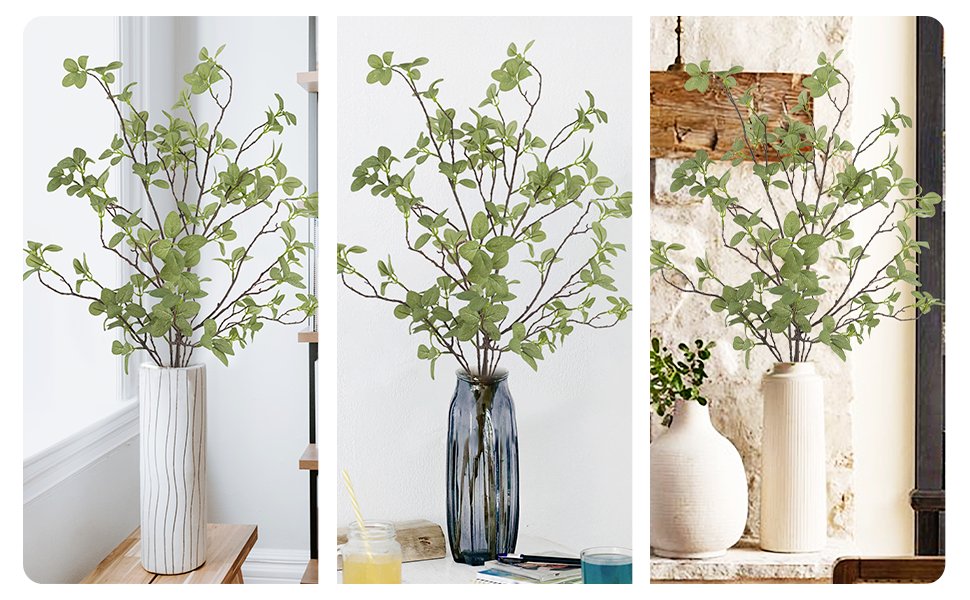 Three arrangements of artificial ficus greenery stems in decorative vases, showcasing home decor.