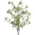 Artificial ficus twig with green leaves on a white background, presented from a low angle.