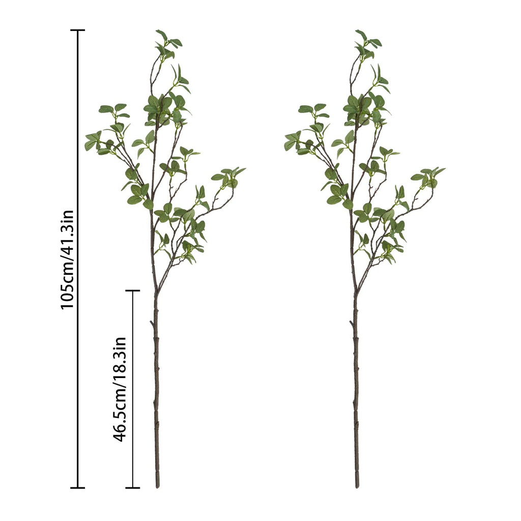 Two artificial ficus twig leaf greenery stems with measurements shown on the left.