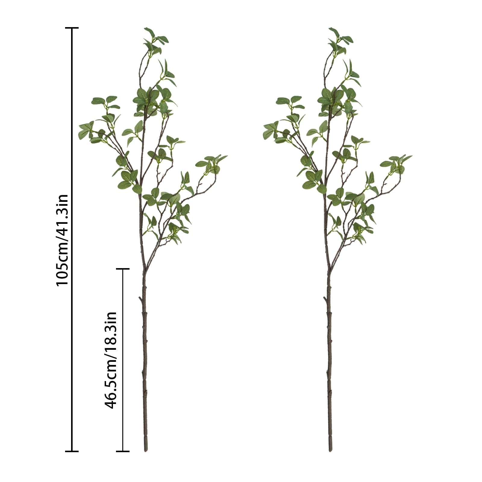 Two artificial ficus twig leaf greenery stems with measurements shown on the left.