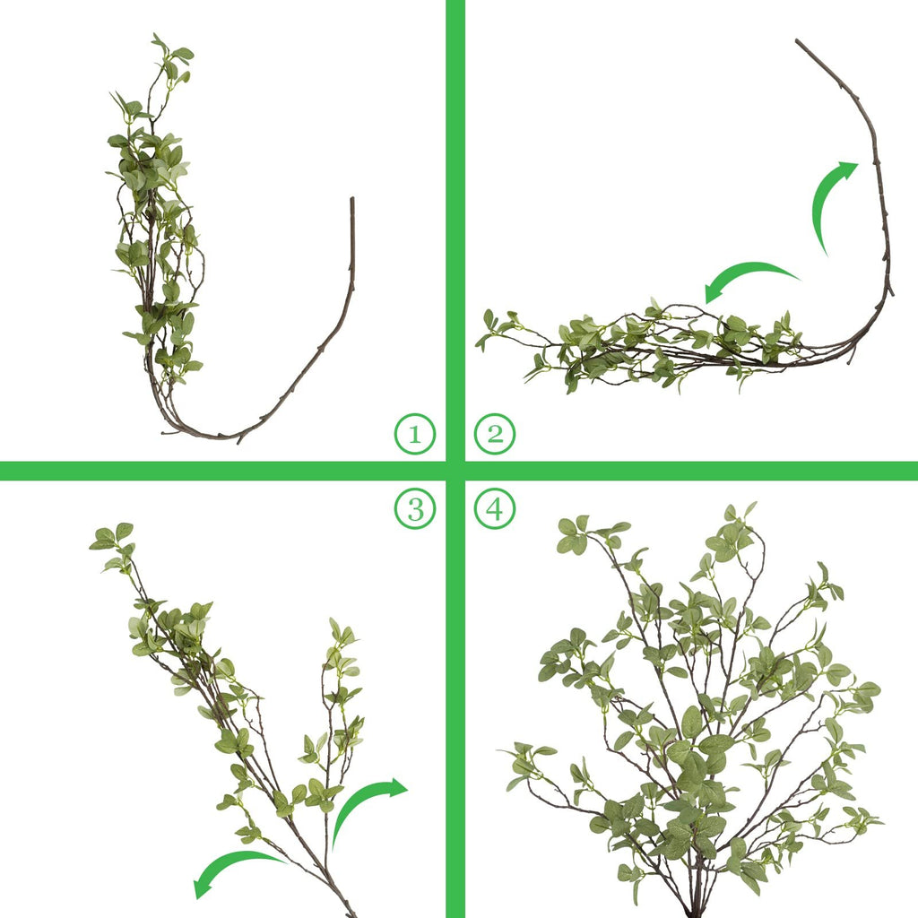 Four panels showing artificial ficus twig leaf greenery stems being shaped and displayed.