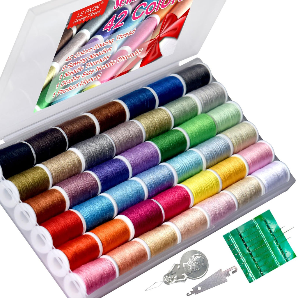 Open sewing kit showing 42 spools of colorful thread, 9 needles, and 2 threaders.