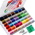 Open sewing kit showing 42 spools of colorful thread, 9 needles, and 2 threaders.