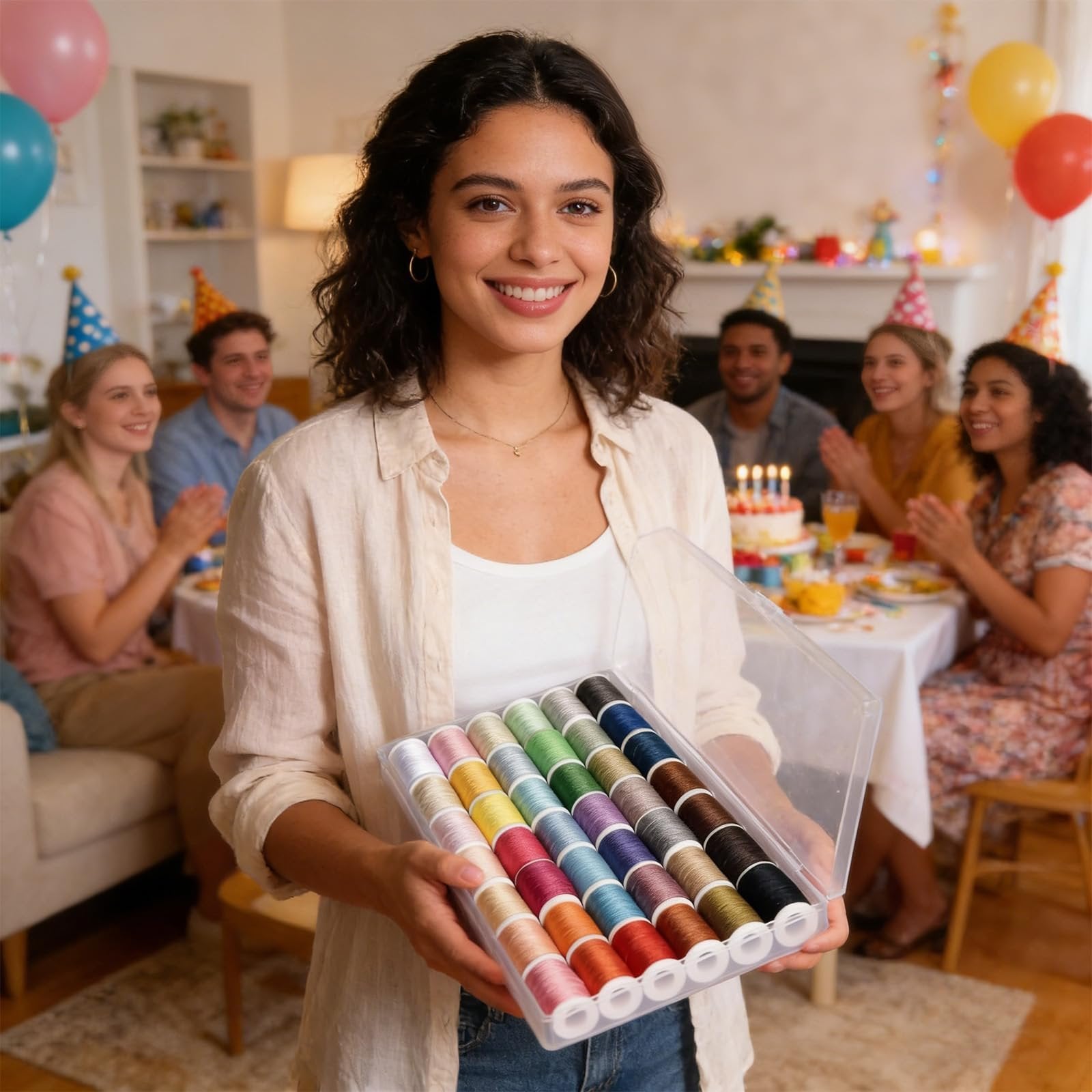 Woman holding a clear plastic case filled with colorful spools of sewing thread, with a birthday party in the background.