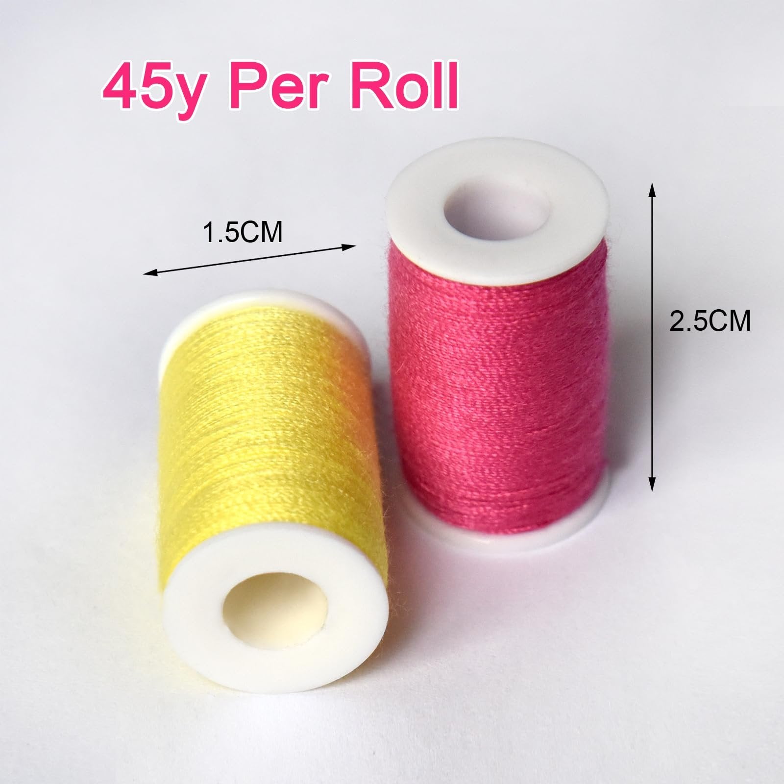 Two spools of sewing thread, one yellow and one pink, with dimensions indicated.