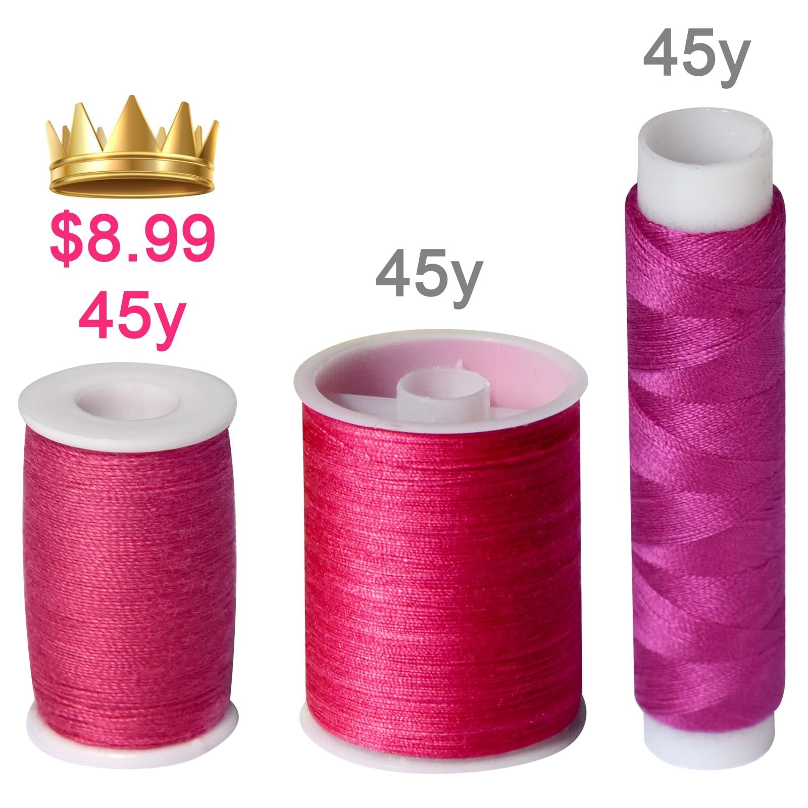 Three spools of pink sewing thread on white background, with price and yardage text overlays.