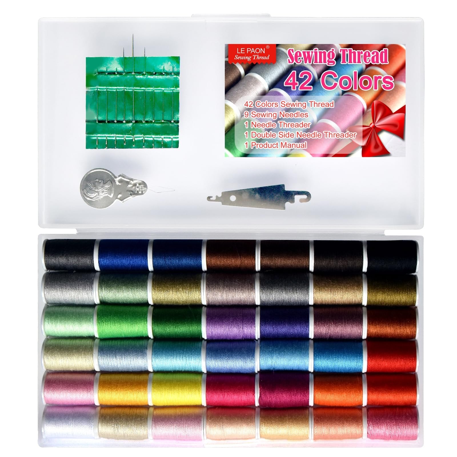 Open sewing kit showing 42 spools of colorful thread, needles, and threaders.