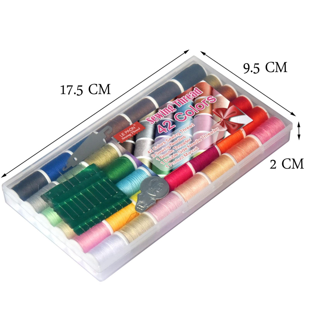 Sewing thread kit with 42 spools of colorful thread, needles, and threaders in a clear plastic case, with dimensions indicated.