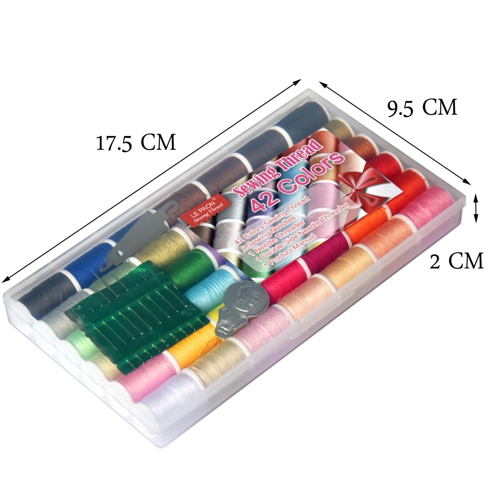 Sewing thread kit with 42 spools of colorful thread, needles, and threaders in a clear plastic case, with dimensions indicated.
