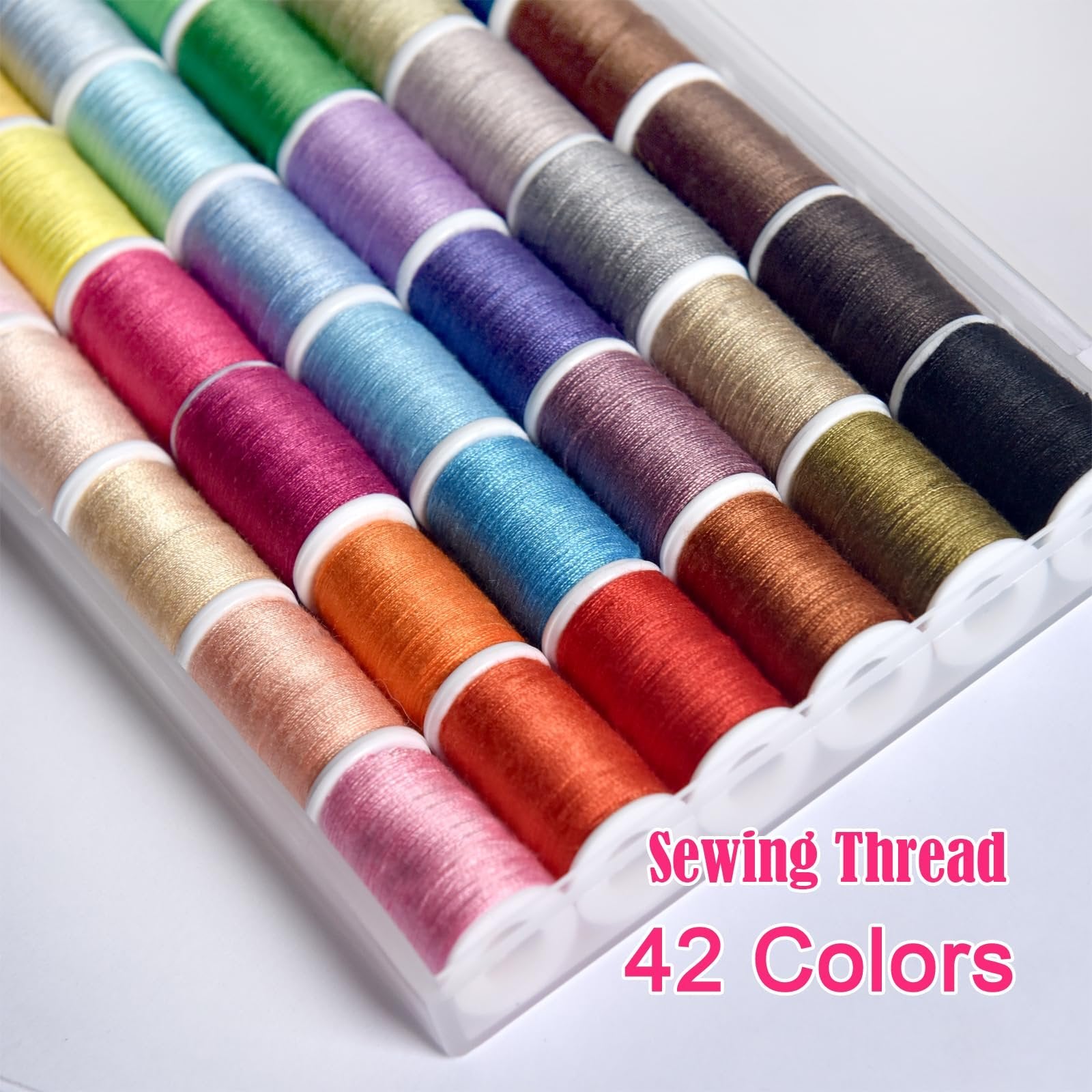 Close-up of a clear plastic case filled with 42 spools of colorful sewing thread, arranged in rows.
