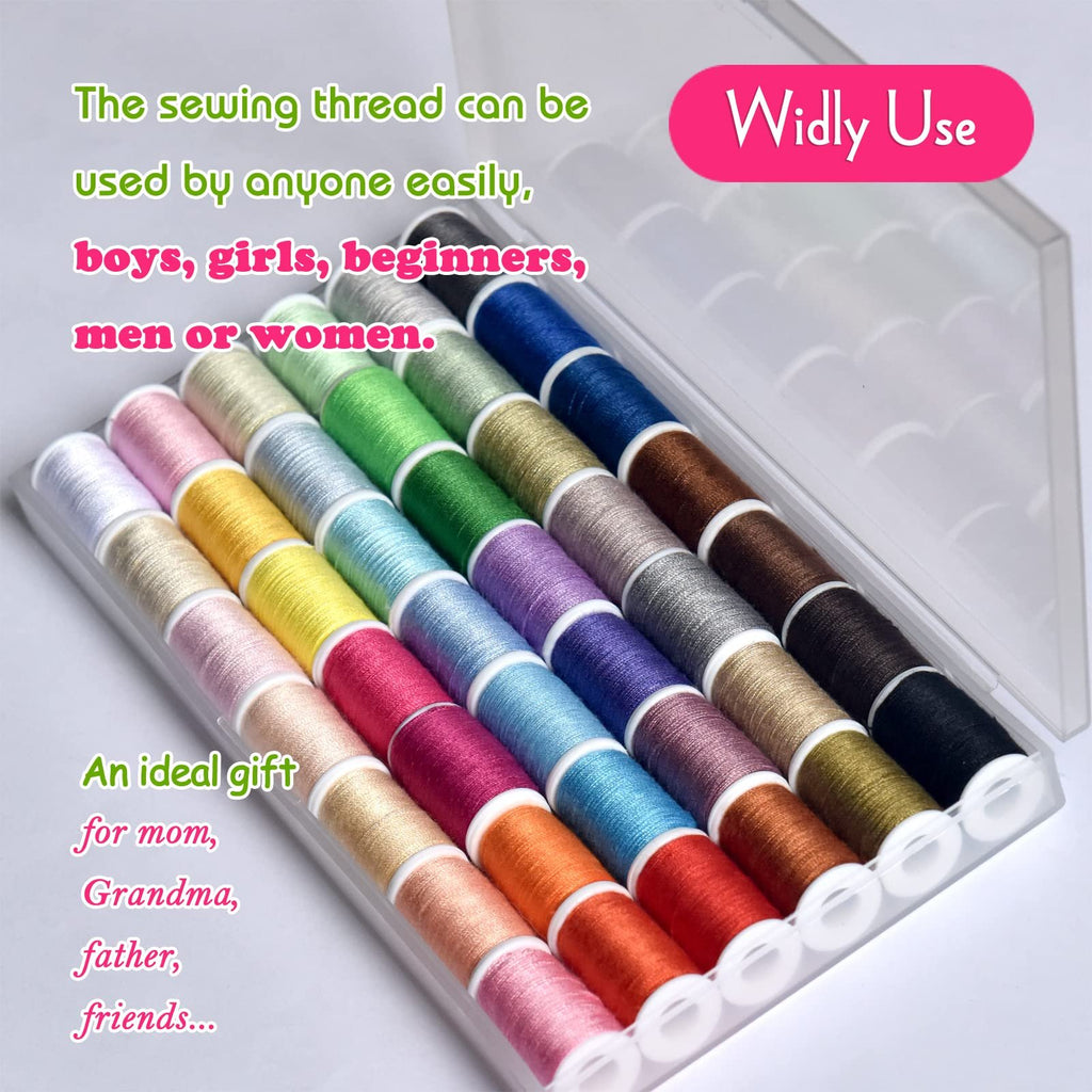 Close-up of a sewing thread kit with 42 spools in various colors, neatly arranged in a clear plastic case.