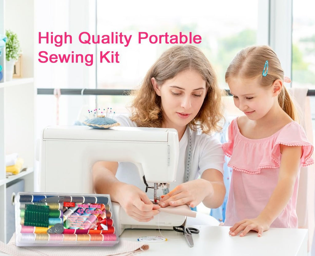 Woman and child sewing together with a portable sewing kit containing colorful thread spools.