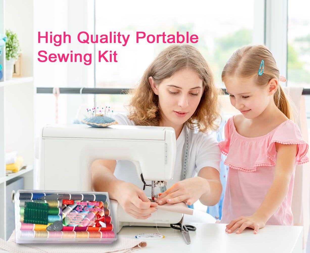 Woman and child sewing together with a portable sewing kit containing colorful thread spools.