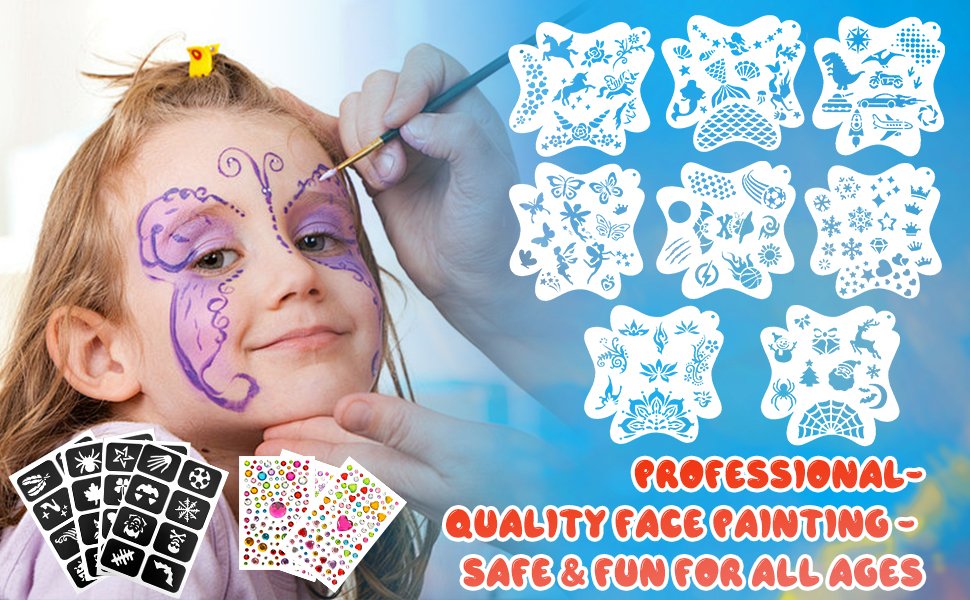 Child's face being painted with butterfly design, surrounded by face paint stencils and gem stickers.