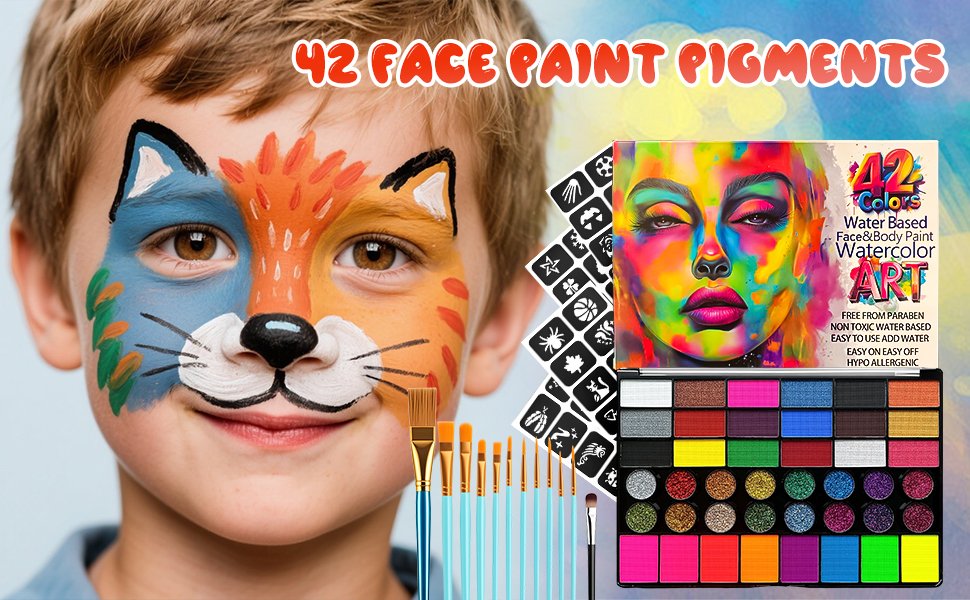 Close-up of a smiling child with half their face painted like a fox, next to a face paint kit with stencils and brushes.