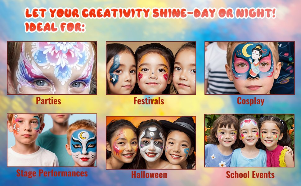Collage of children with face paint for parties, festivals, cosplay, stage performances, Halloween, and school events.