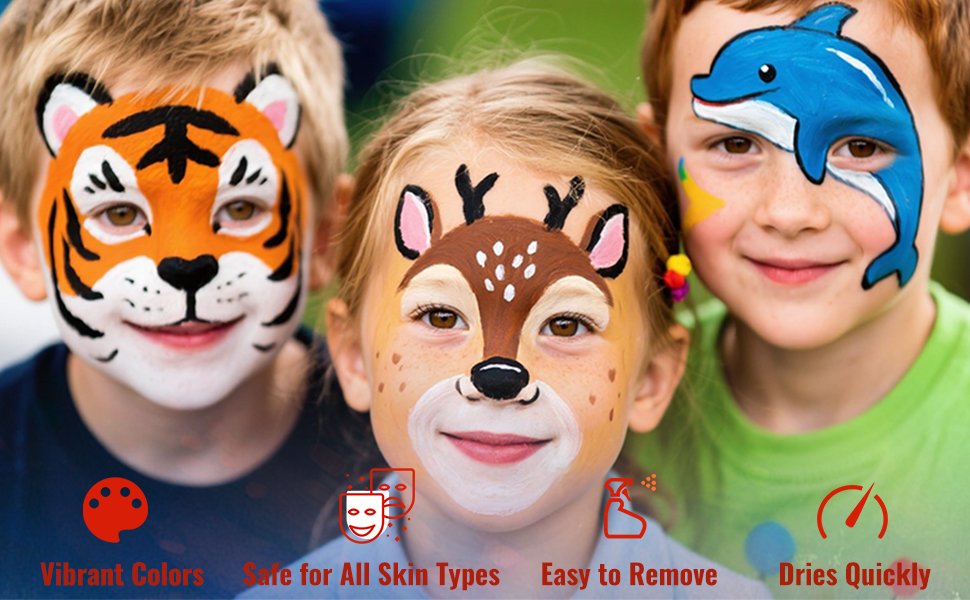 Three children with colorful face paint designs of a tiger, deer, and dolphin smiling at the camera.